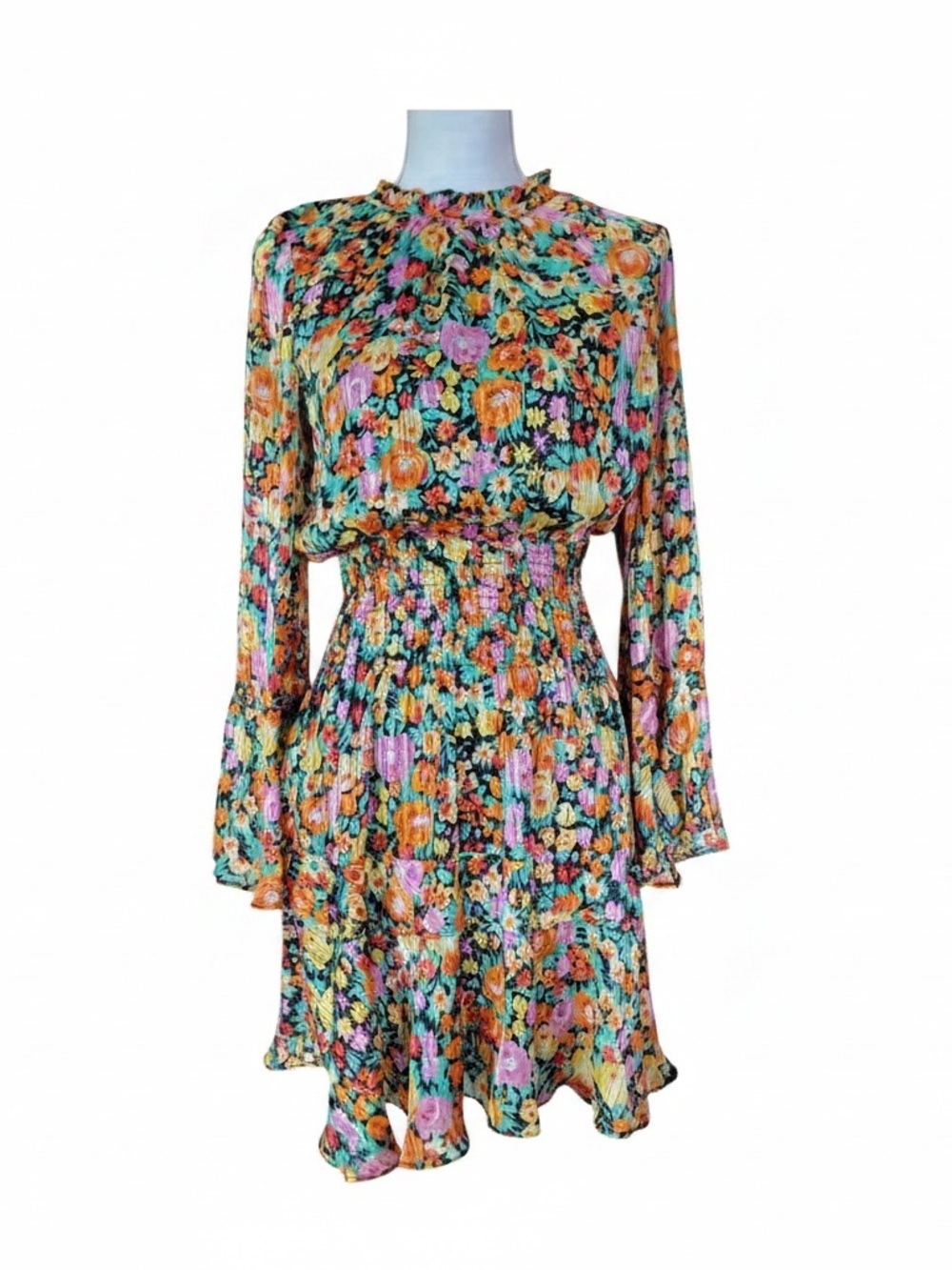 Floral Tiered Long Sleeve Dress - Multicolor
